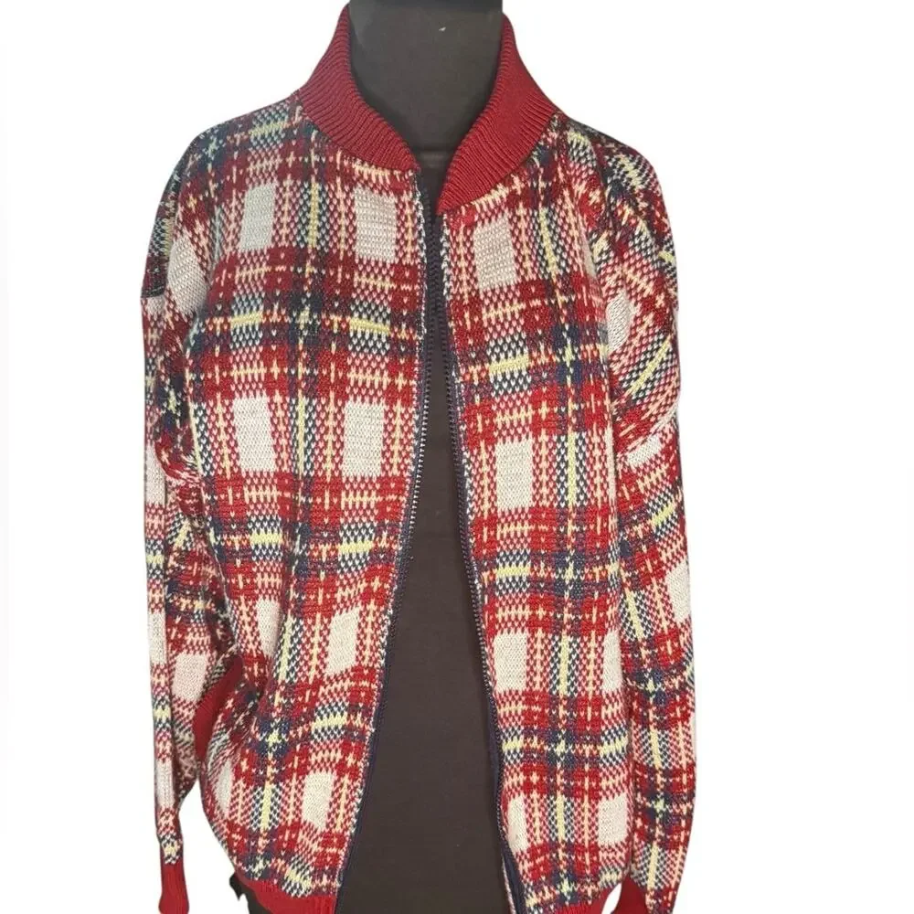 Lands End Cotton Knit Plaid Zip Up Bomber Jacket Cardigan Womens Size M Preppy
